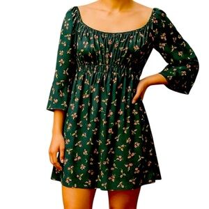 🍉EUC Women’s Green floral dress Bohemian style sleeves lightweight Summer SZ S